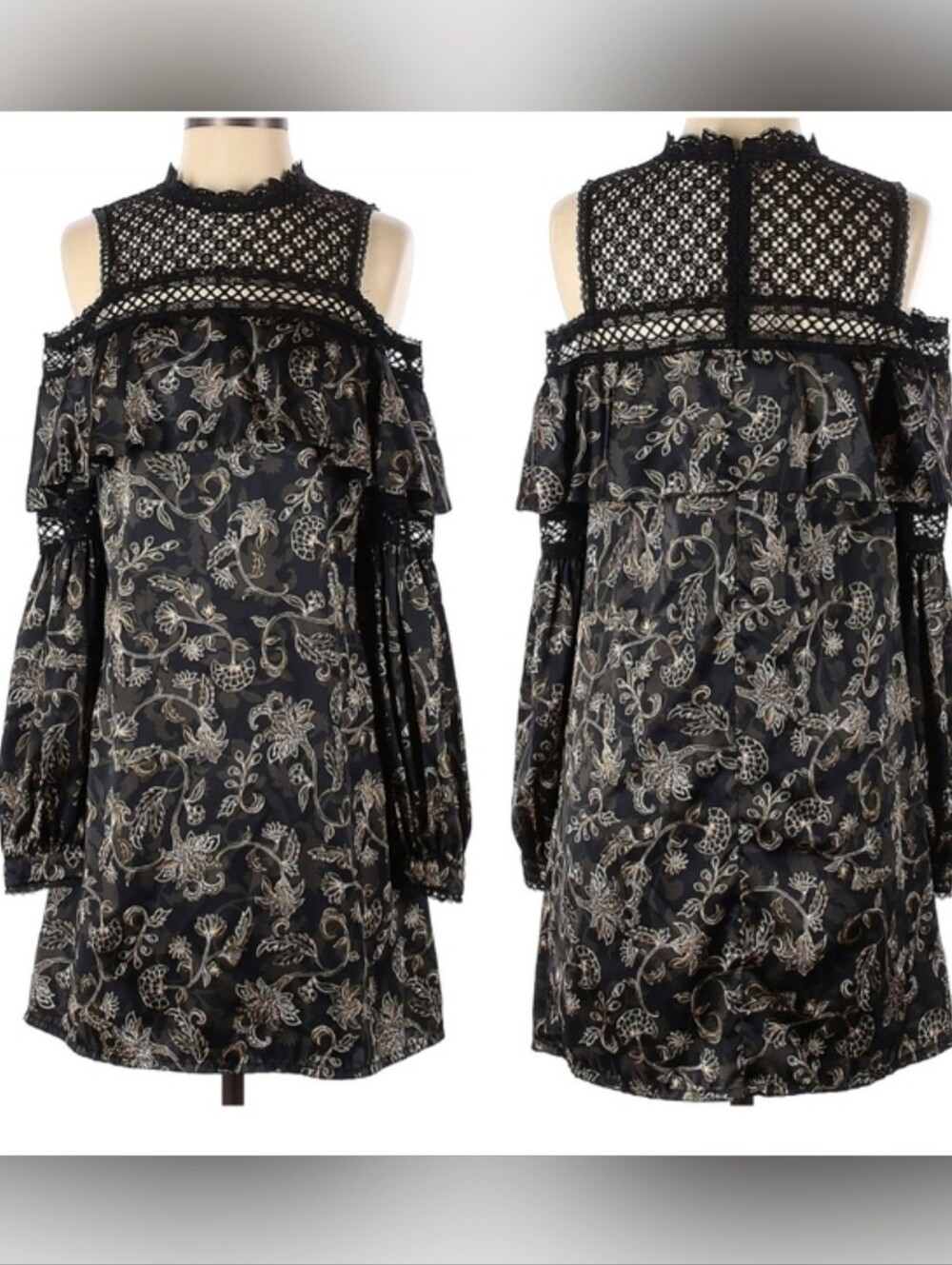 AMUR Black & Gold Floral Lace Cold Shoulder Dress – Size L
